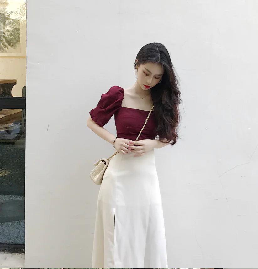 High-Waisted A-Line Skirt with Side Slit and Burgundy Top