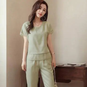 Cotton-Linen Set with Short Sleeve Top and Pants