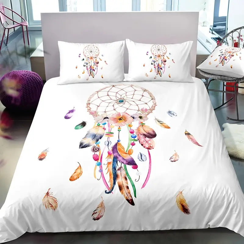 3pcs Dream Catcher Watercolor Feather Duvet Cover Set