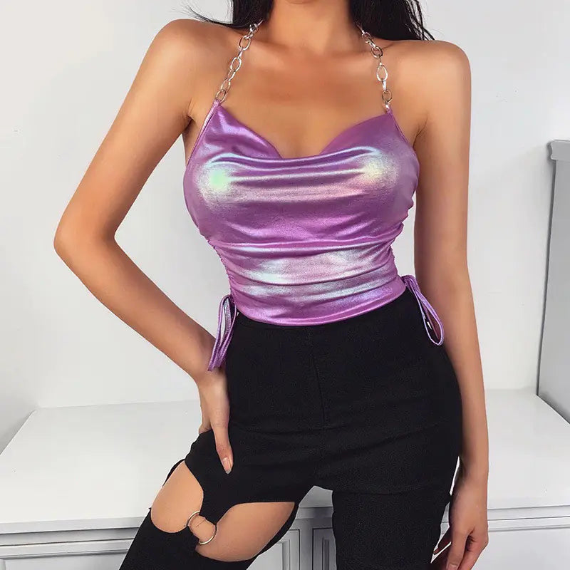 Elastic Satin Diamond Chain Slim Sexy Short Bodysuit