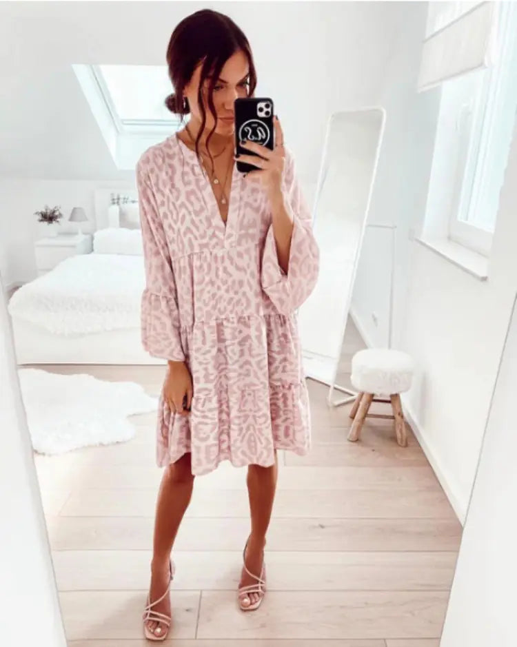 Women's V-Neck Leopard Print Mini Dress