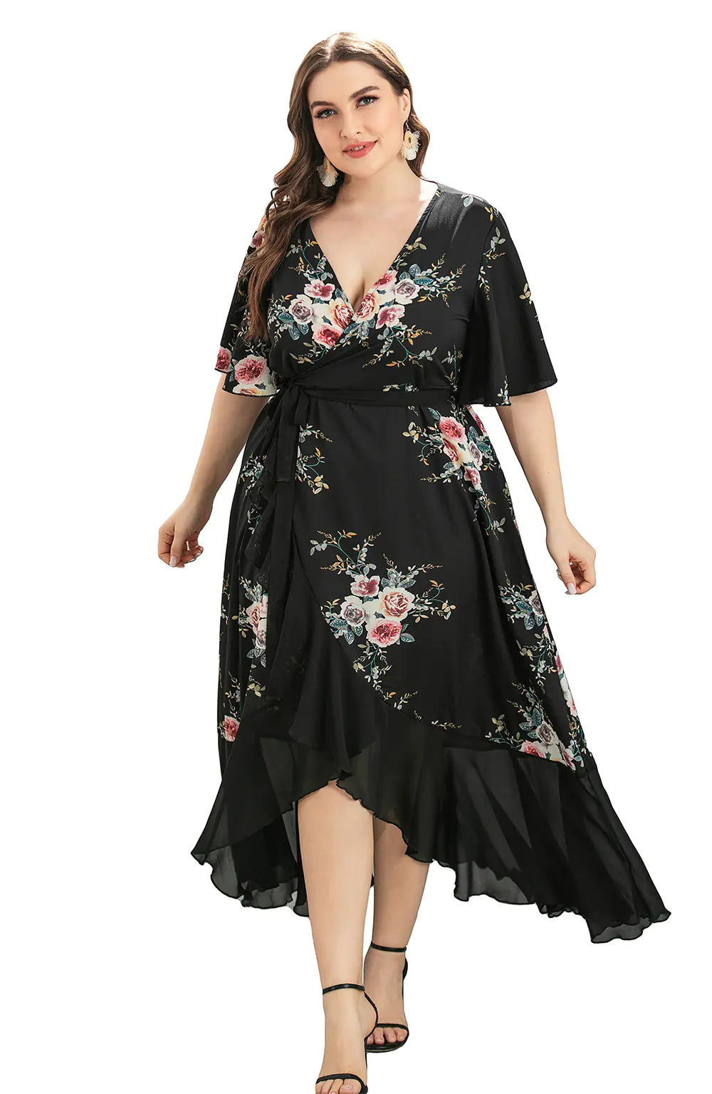 Plus Size Women's V-Neck Dress with Print
