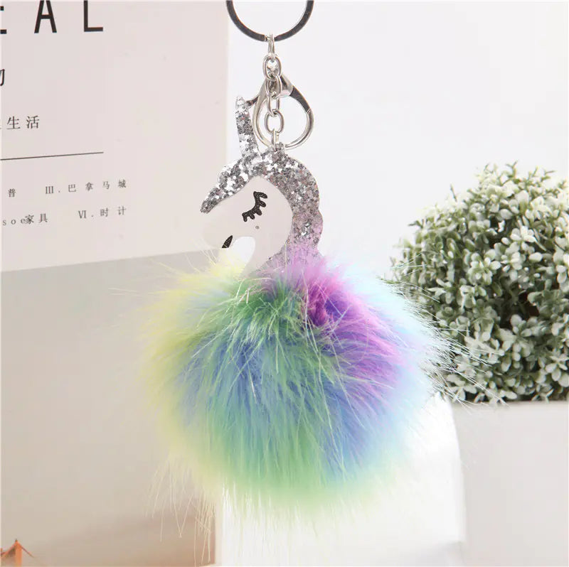 Colorful Pom-Pom Unicorn Keychain with Plush Detail