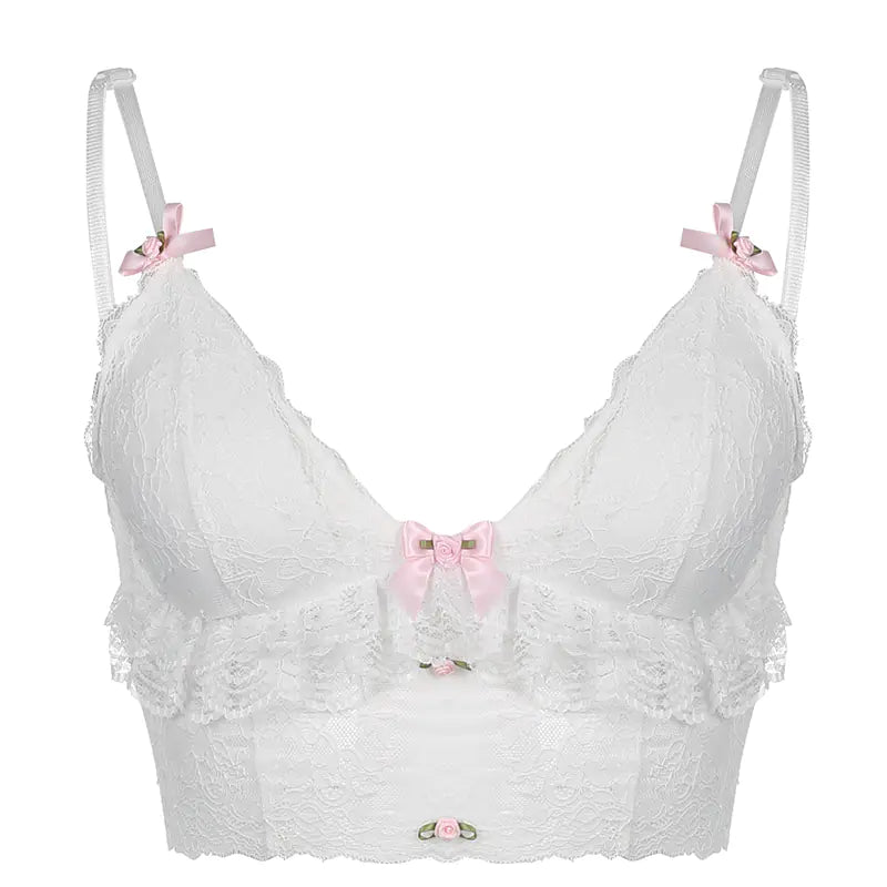 Gothic Lace Bowknot White Cropped Top for Women