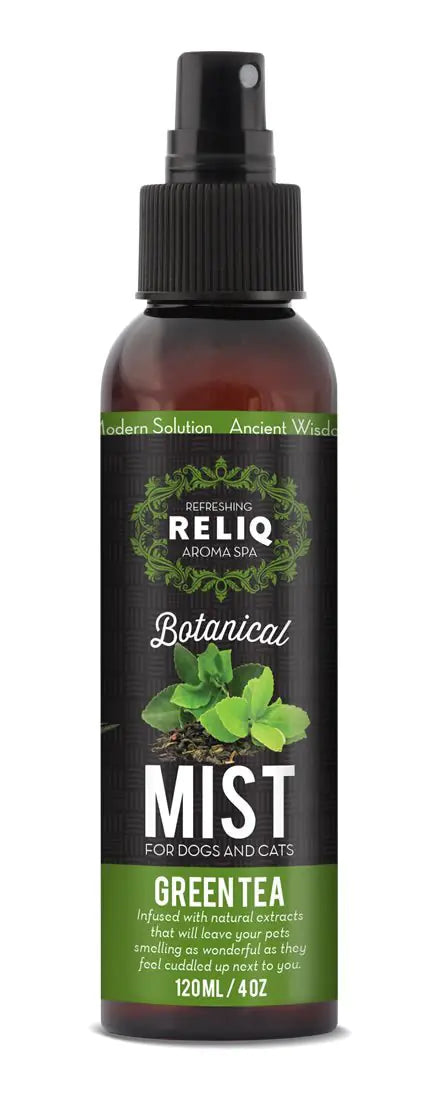 RELIQ Aroma SPA Green Tea Botanical Mist cologne for Dogs and Cats. Spray on the coat after bath to give your dog a clean & fresh smell. Infused with natural extracts calming and comforting dog & cat