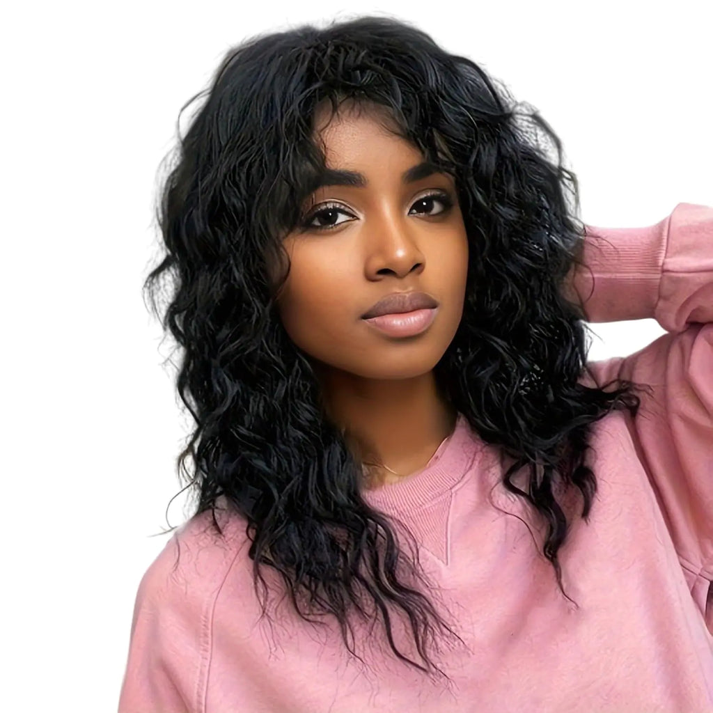 20Inch water wave Black Wig with Bangs Long Curly Synthetic Natural Looking Wigs for Women Daily Party Cosplay Halloween Costume