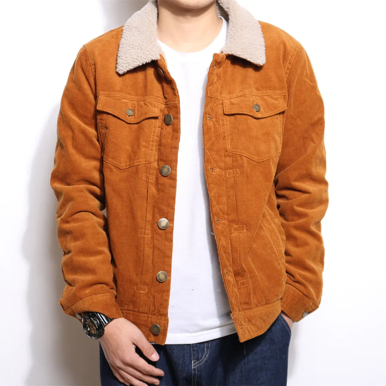 Trendy Corduroy Jacket with Sherpa Collar for Men