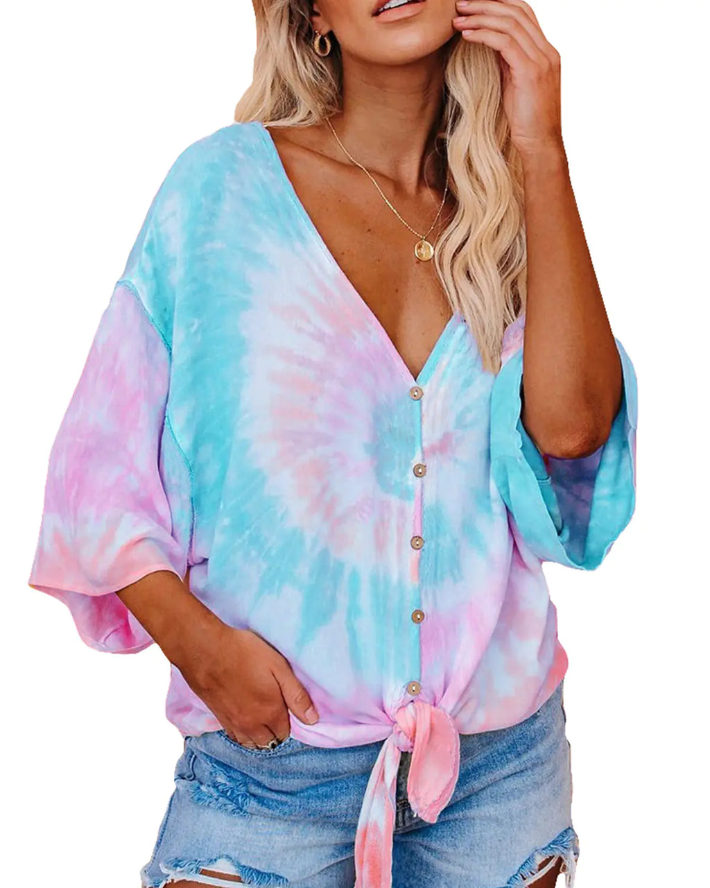 Tie-Dye Print Batwing Sleeve T-Shirt for Women