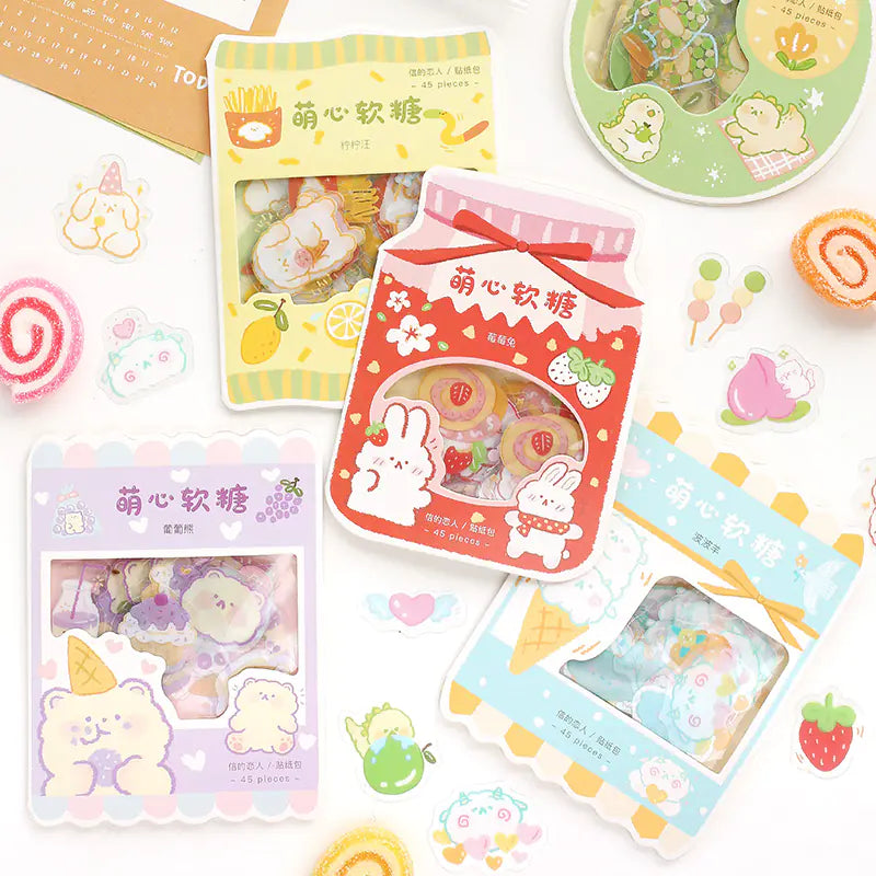Cute Cartoon Animal & Fruit PVC Sticker Pack (45 pcs)