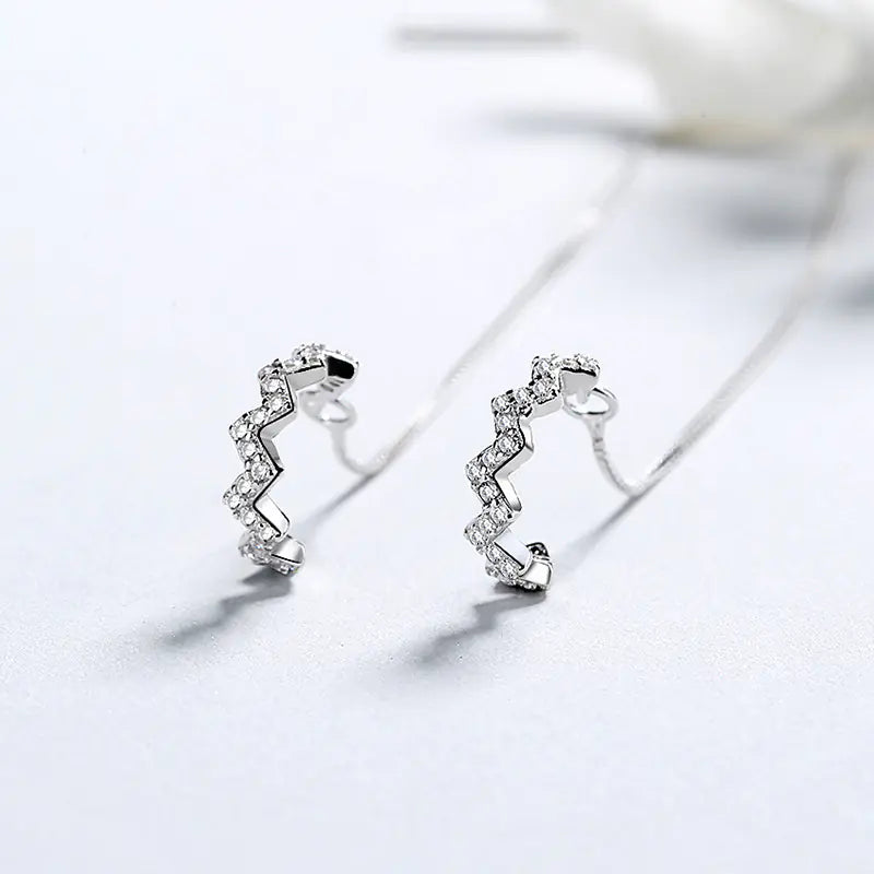 S925 Silver Wave Earrings with Zircon and Moon Design