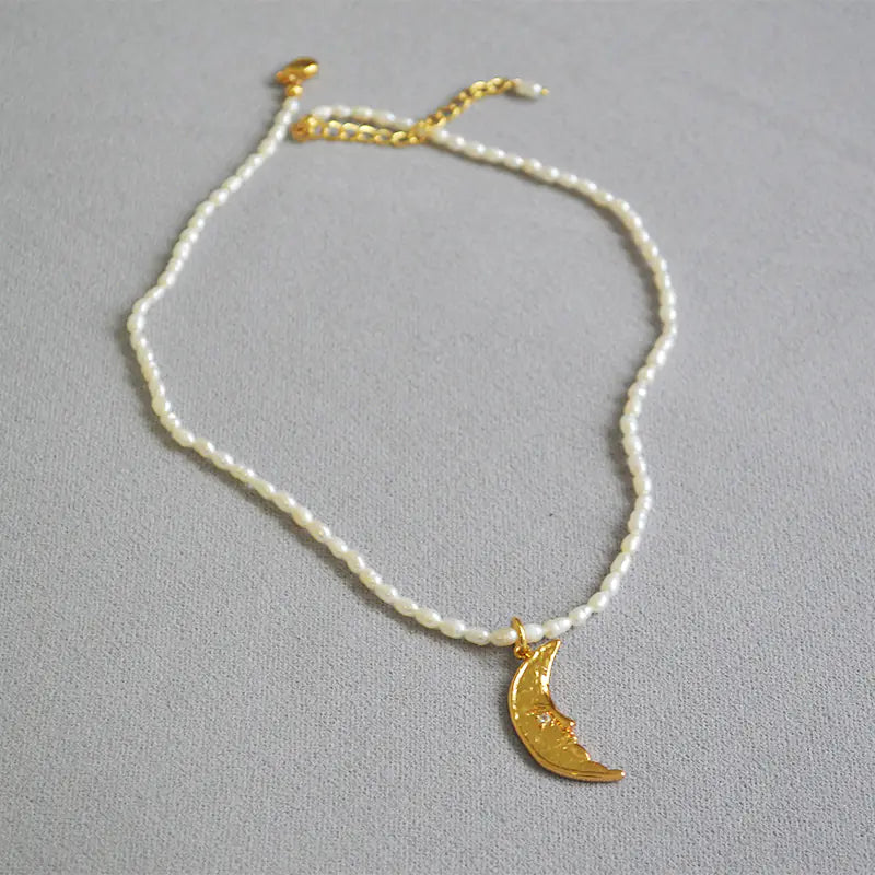 Elegant Freshwater Pearl Moon Charm Short Necklace