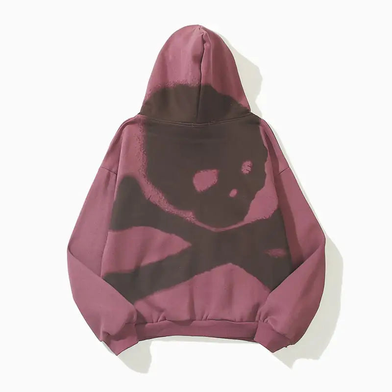 Burgundy Skull Print Pullover Zip Jacket Sweatshirt