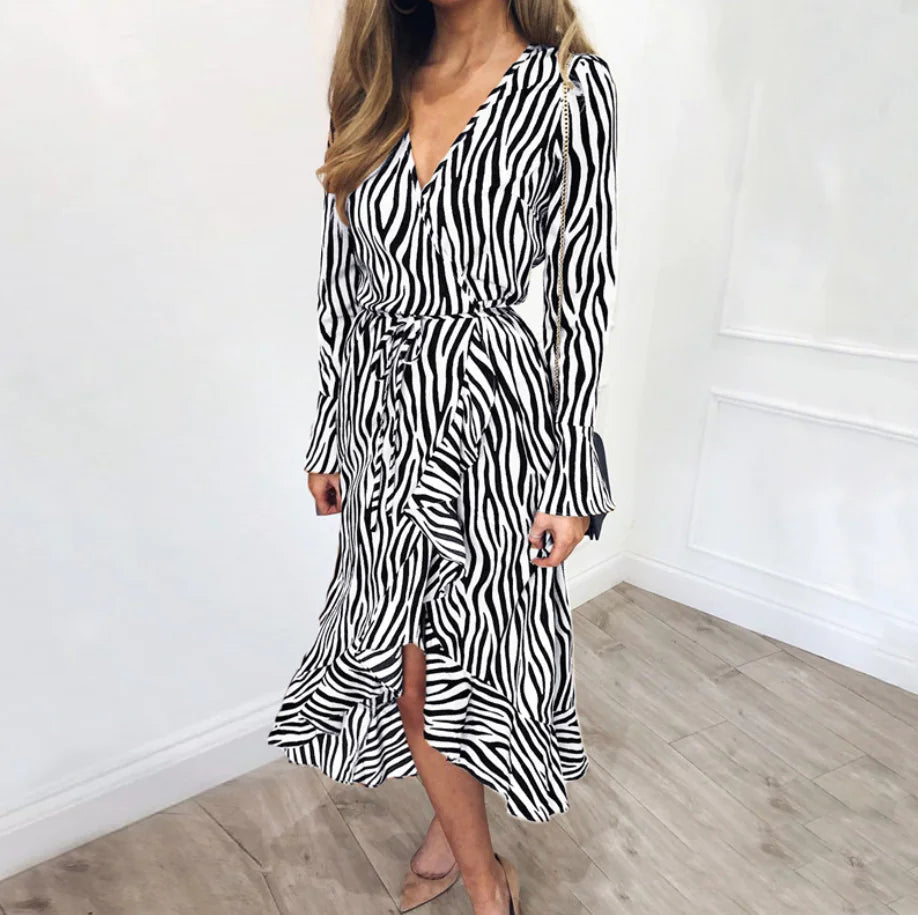 V-Neck High-Waisted Women's Chiffon Dress with Print