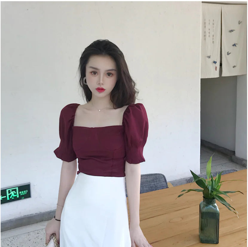 High-Waisted A-Line Skirt with Side Slit and Burgundy Top
