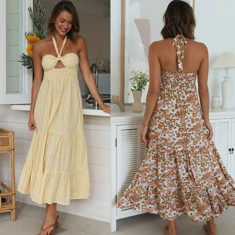 Women's Open Back Print Swing Long Dress