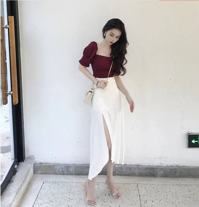High-Waisted A-Line Skirt with Side Slit and Burgundy Top