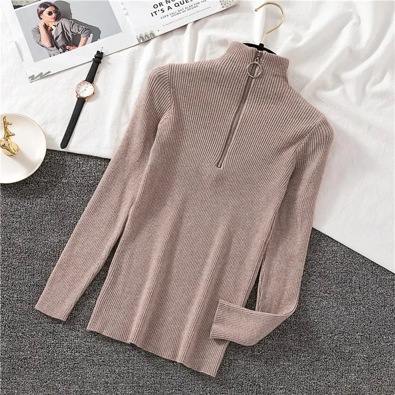 Zippered Half High Neck Slim Fit Knit Top for Women