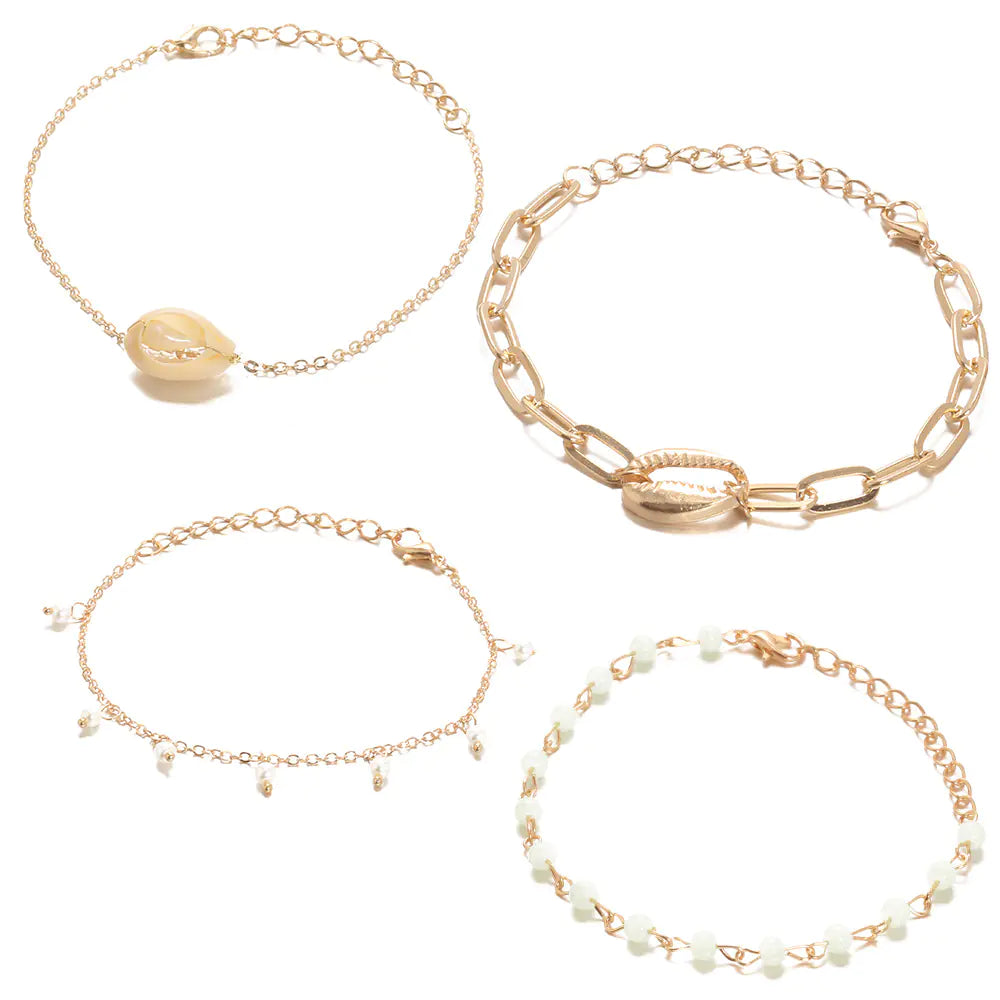 Gold Shell Statement Chain Bracelet with Beads (4 Pieces)
