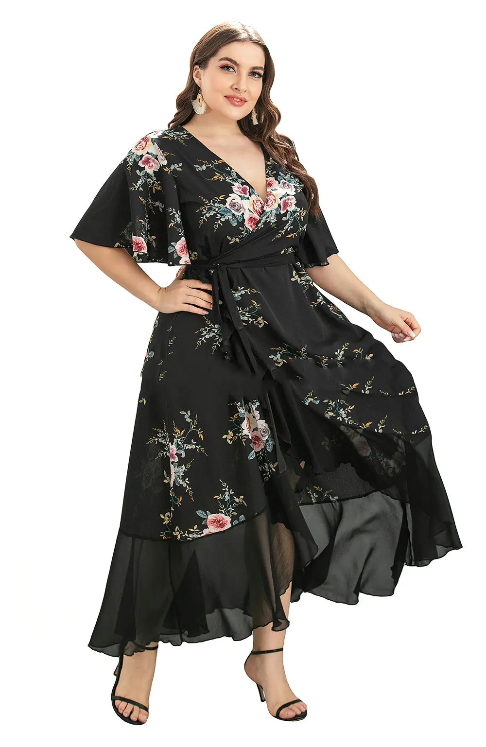 Plus Size Women's V-Neck Dress with Print