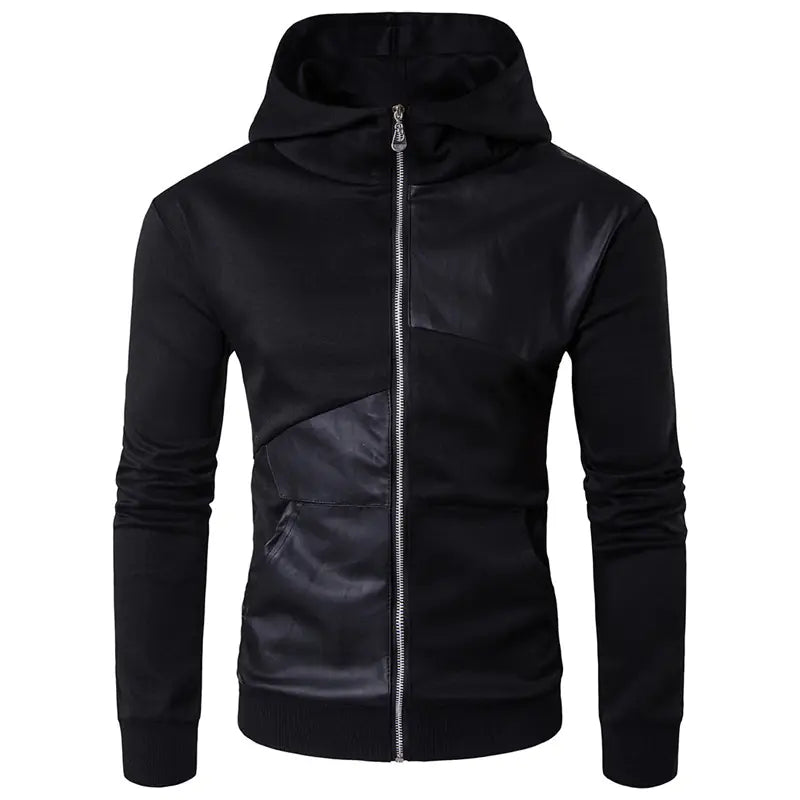 Men's Spring Autumn Hooded Jacket with Faux Leather