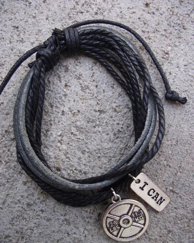 Retro Multi-Layer Leather Bracelet with Dumbbell Charm