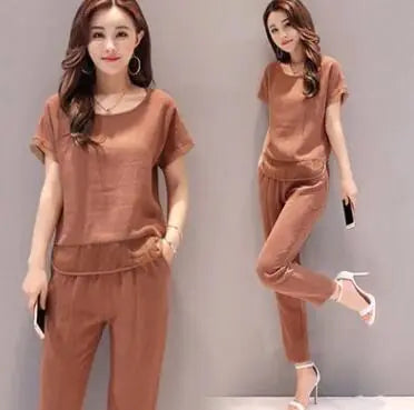 Cotton-Linen Set with Short Sleeve Top and Pants