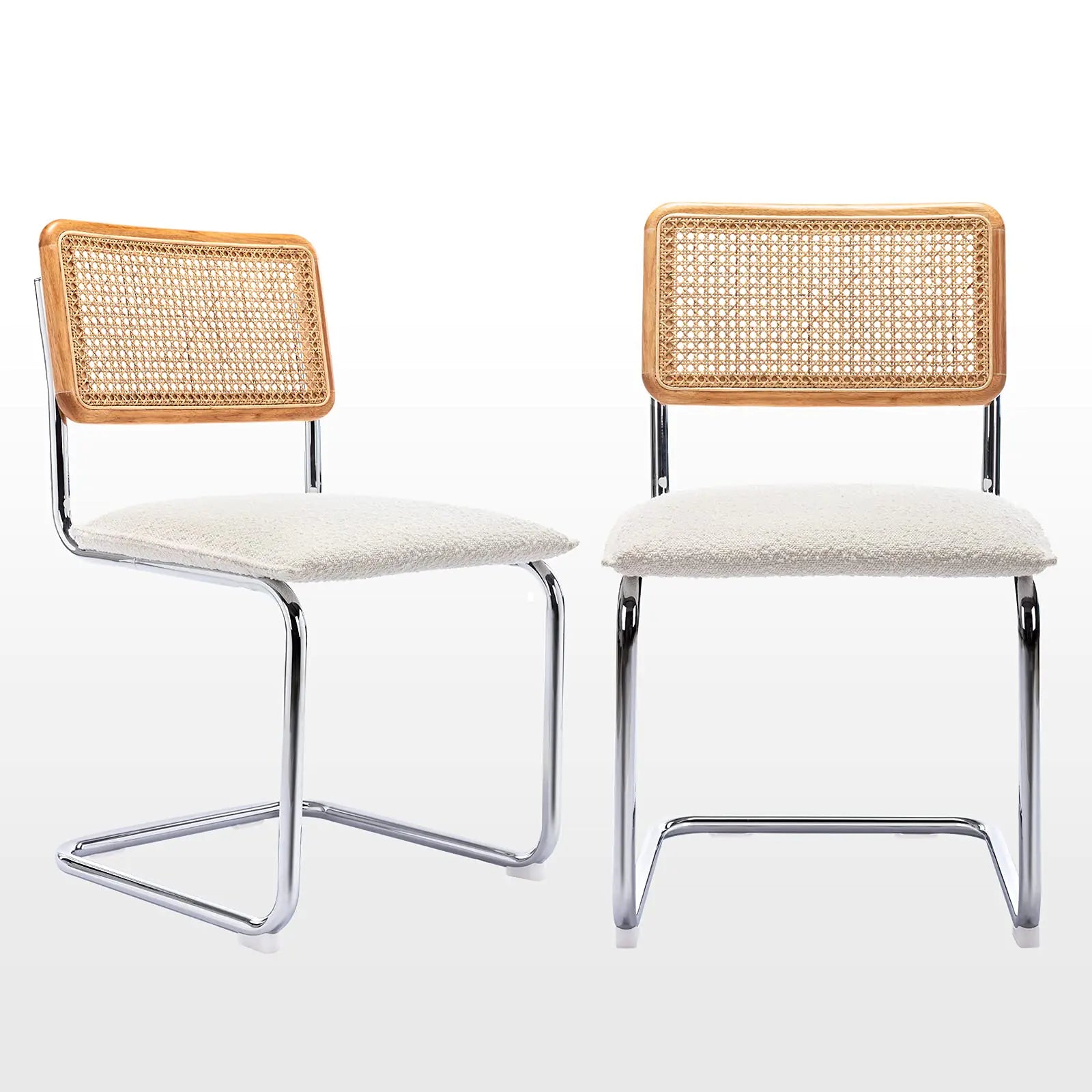 Mid Century Modern Dining Chairs Set of 2 Upholstered Boucle Kitchen Chairs Famous Breuer Designed Chairs Armless Accent Chairs with Natural Cane Back & Stainless Chrome Base