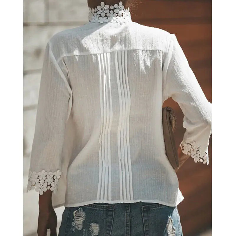 Fashionable Lace Trim Short Sleeve T-Shirt Blouse