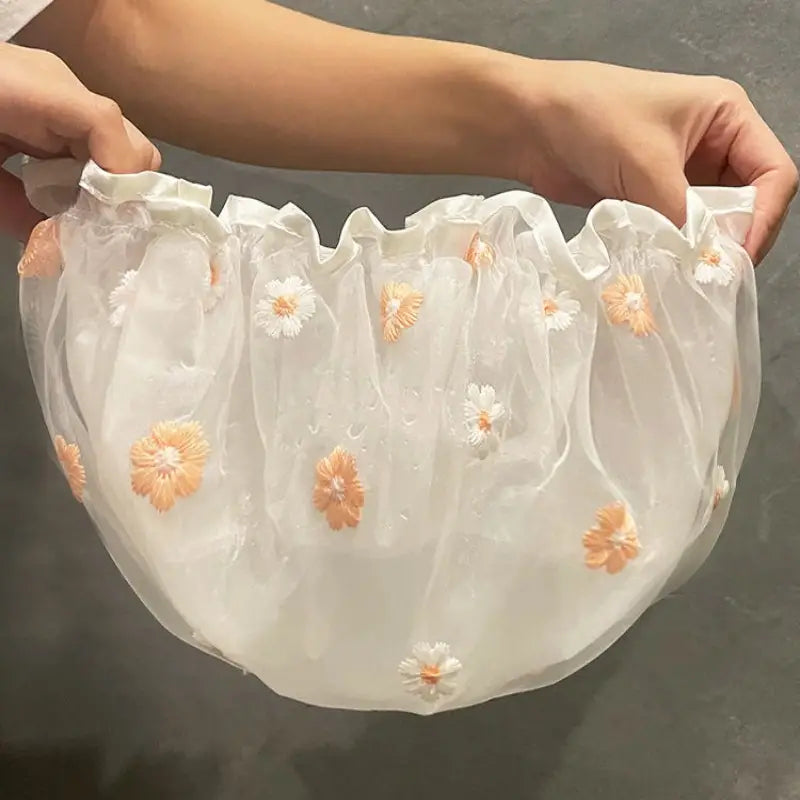 Double Layer Waterproof Shower Cap with Daisy Embroidery