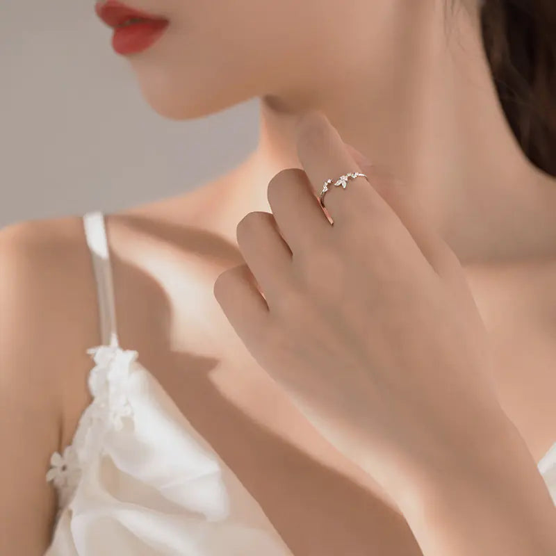 S925 Silver Butterfly Leaf Ring - Chic Forest Style