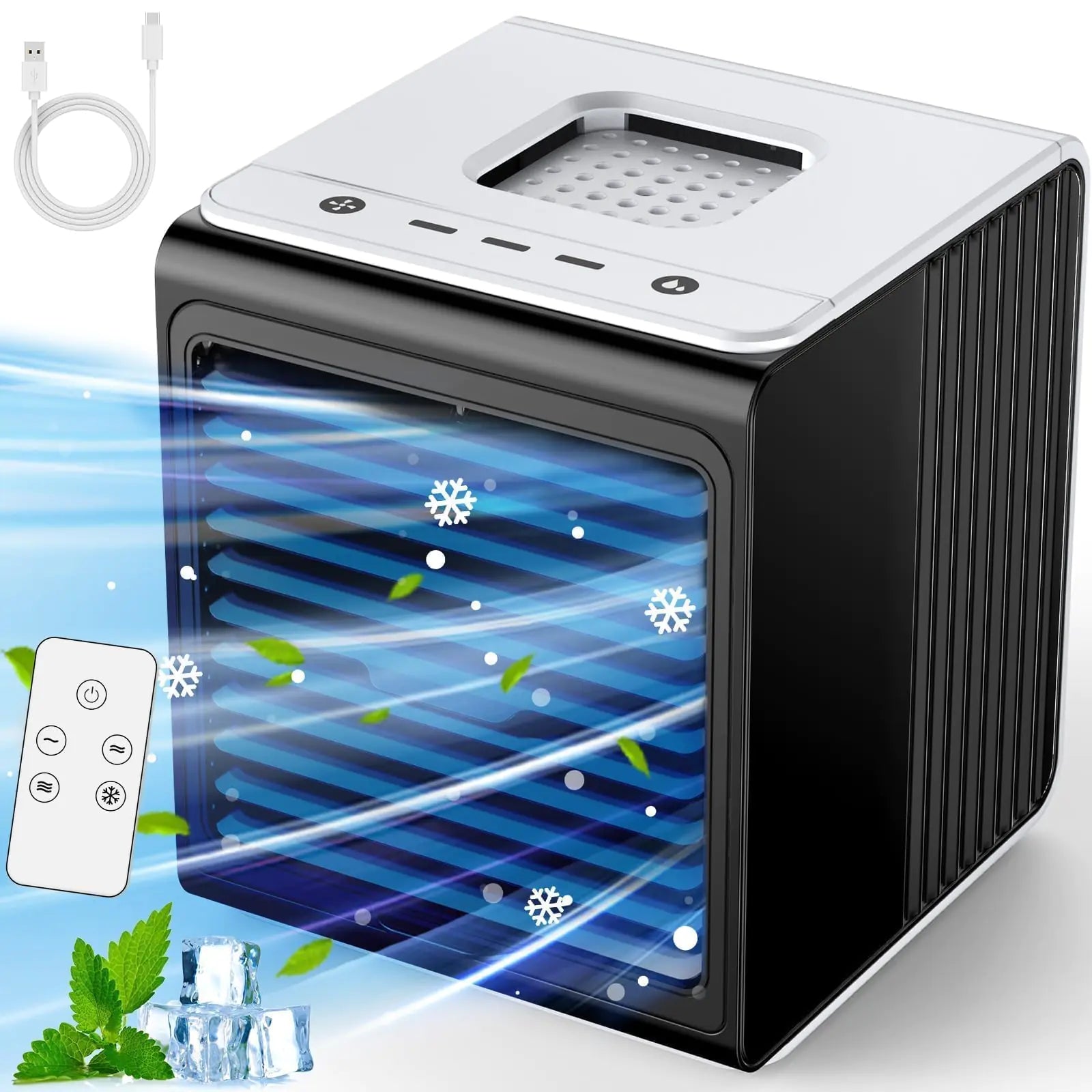 3-IN-1 Mini Air Conditioner with Remote Top Splash-Proof Design 3 Speeds Small Portable Air Conditioner Large Capacity Tank Personal Air Conditioner Desk Air Conditioner for Office Room