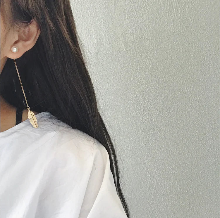 Pearl Long Earrings with Unique Feather Design