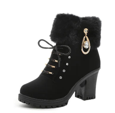 Chunky Heeled Martin Boots with Plush Strap, British Style