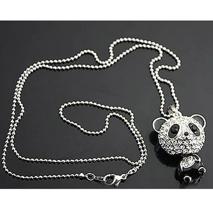 Cute Panda Necklace with Sparkling Pendant, Long Chain