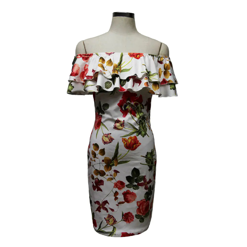 Ruffled Off-Shoulder Floral Bodycon Dress