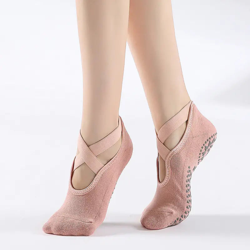 Trendy Cotton Yoga Socks with Grip and Wide Straps