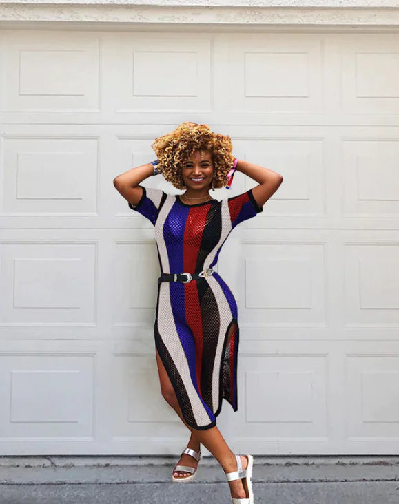 Mesh Color Stripe Printed Dress