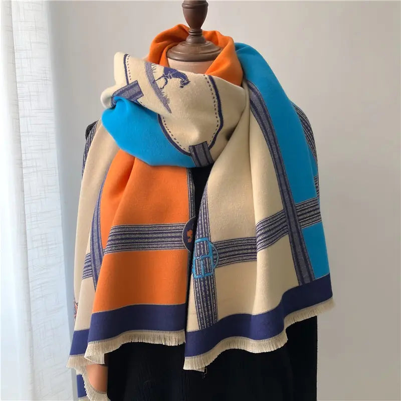 Women's Thick Cashmere Shawl with Horse Print Scarf
