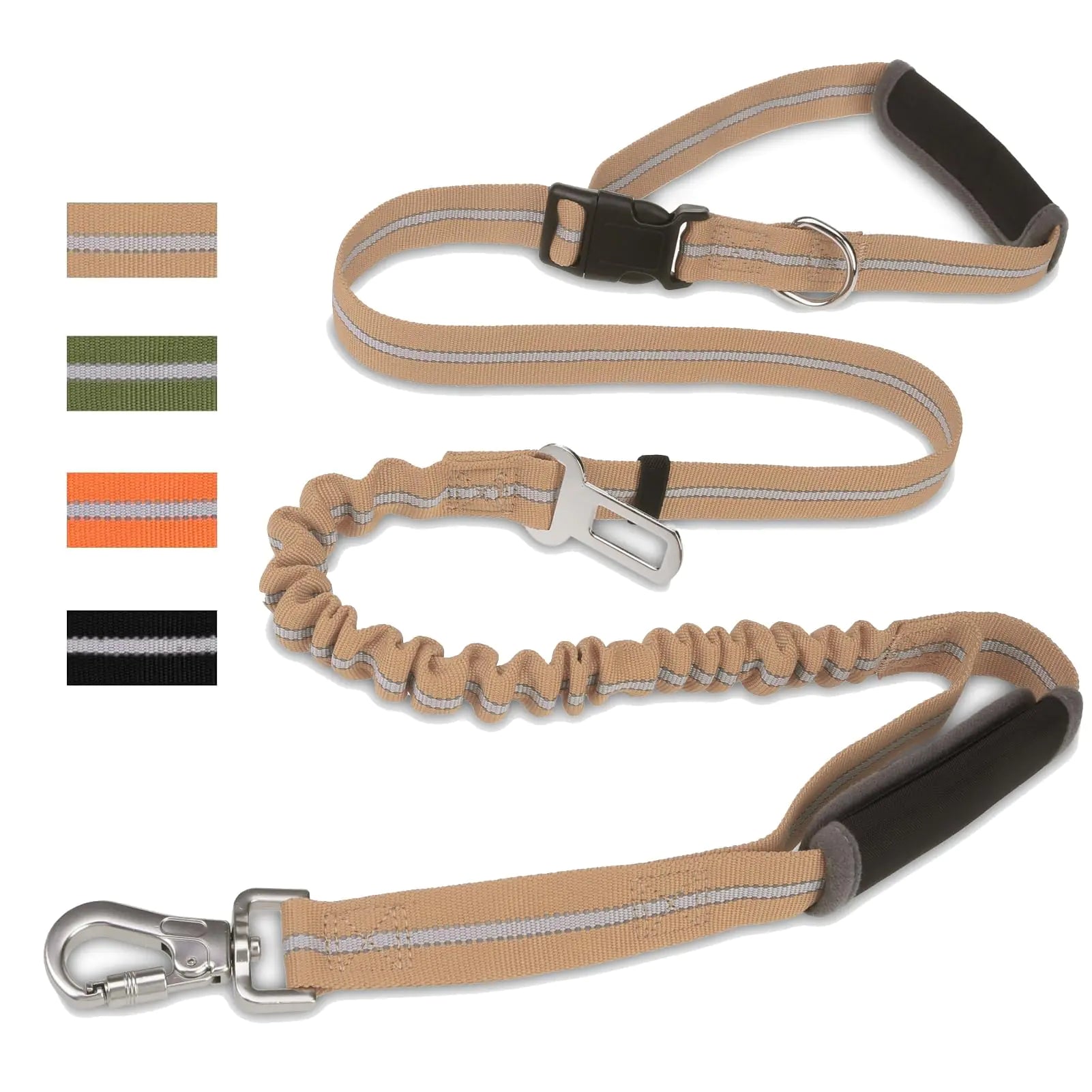 Heavy Duty Bungee Dog Leash for Medium Large Dogs No Pull Tactical Dog Leashes with Double Handles for Training Reflective Dog Leash with Car Seatbelt and Quick Release Buckle Moccasin