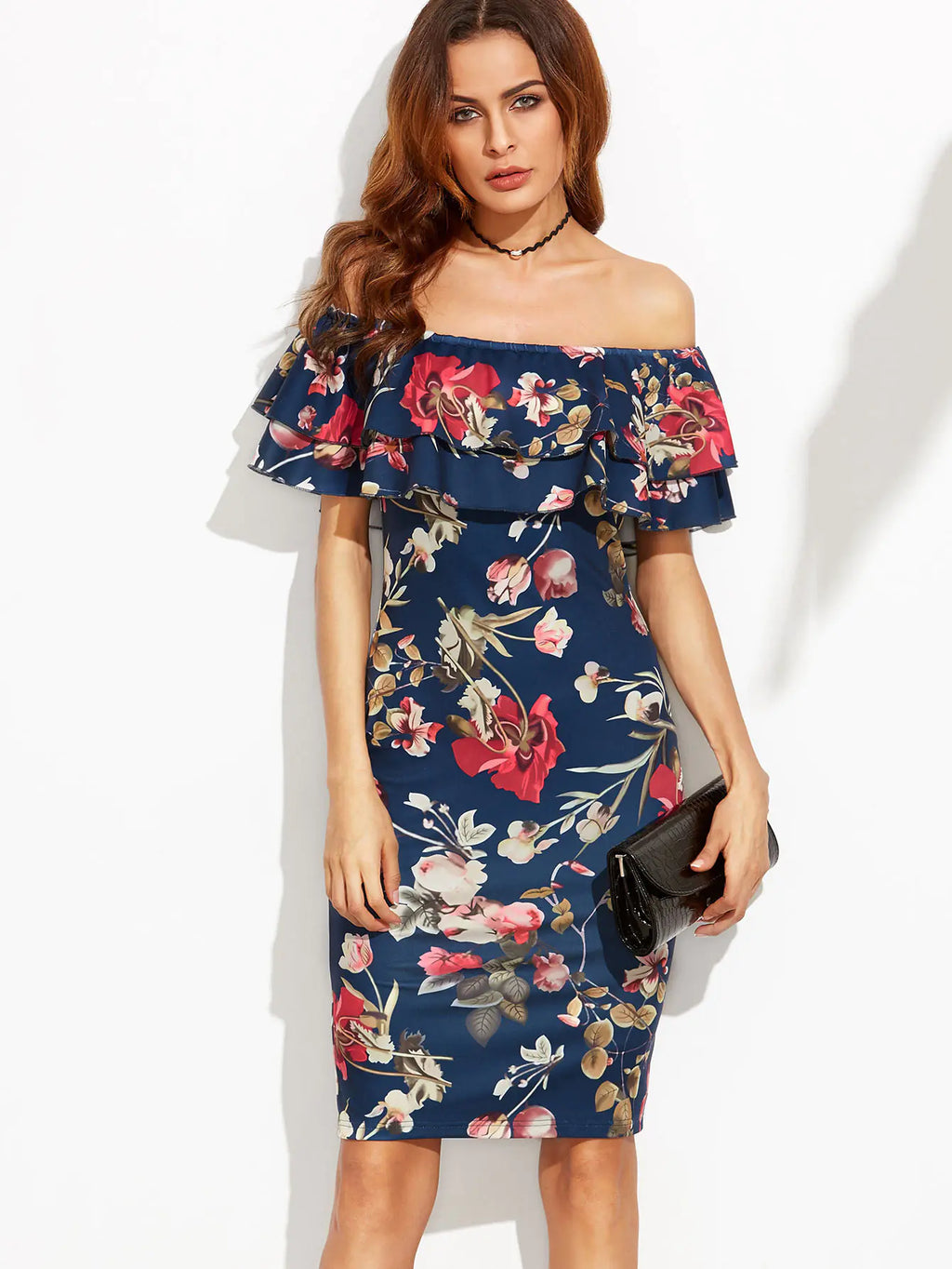 Ruffled Off-Shoulder Floral Bodycon Dress