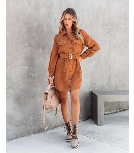 Corduroy Long Sleeve Midi Dress with Asymmetrical Hem