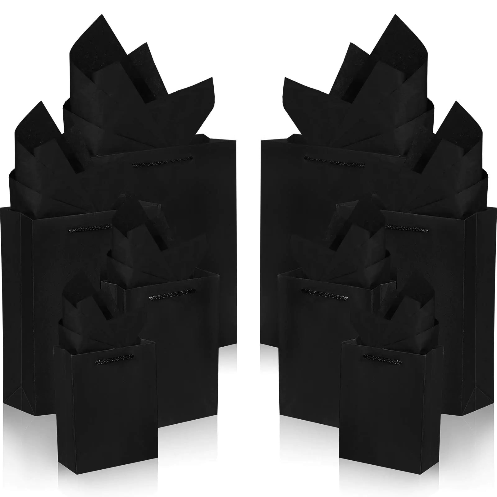 Outus 24 Pieces Black Gift Bags Paper Kraft Bags with 24 Pieces Copy Papers 4 Different Sizes in 6 Inches 8 Inches 11 Inches and 13 Inches for Birthday Graduations Parties Wedding (48 Pieces)