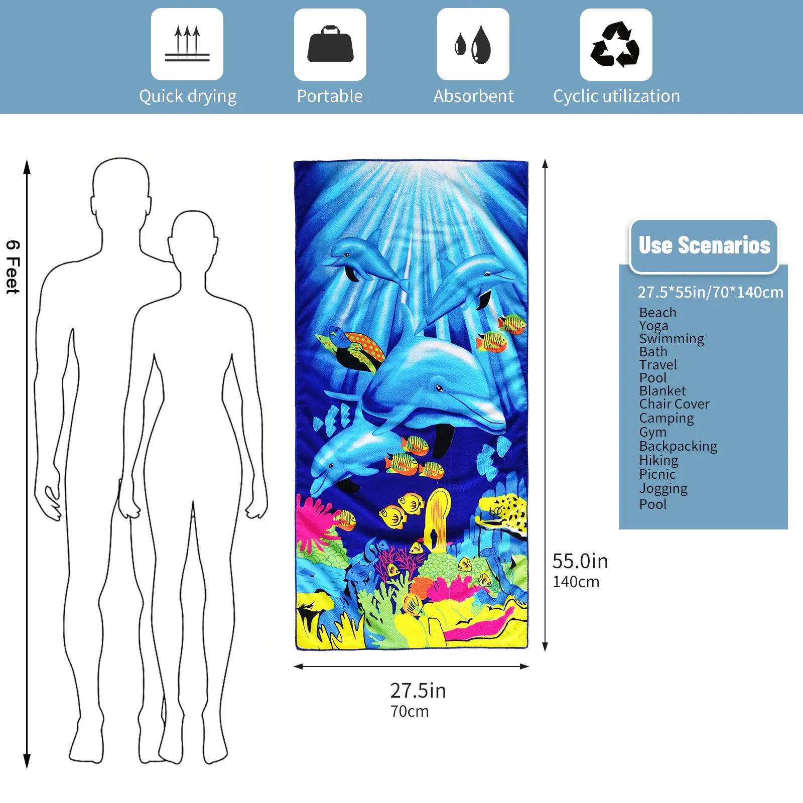 Blue Whale and Yellow Fish Oversized Quick Dry Towel