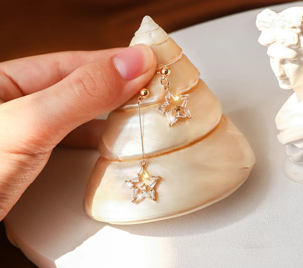 Asymmetrical Star Long Zircon Earrings with S925 Silver