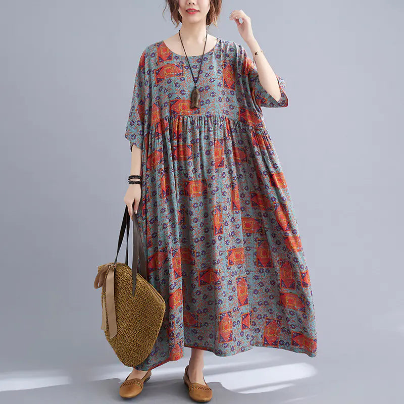 Loose Slim Printed Cotton Linen Short-Sleeved Dress