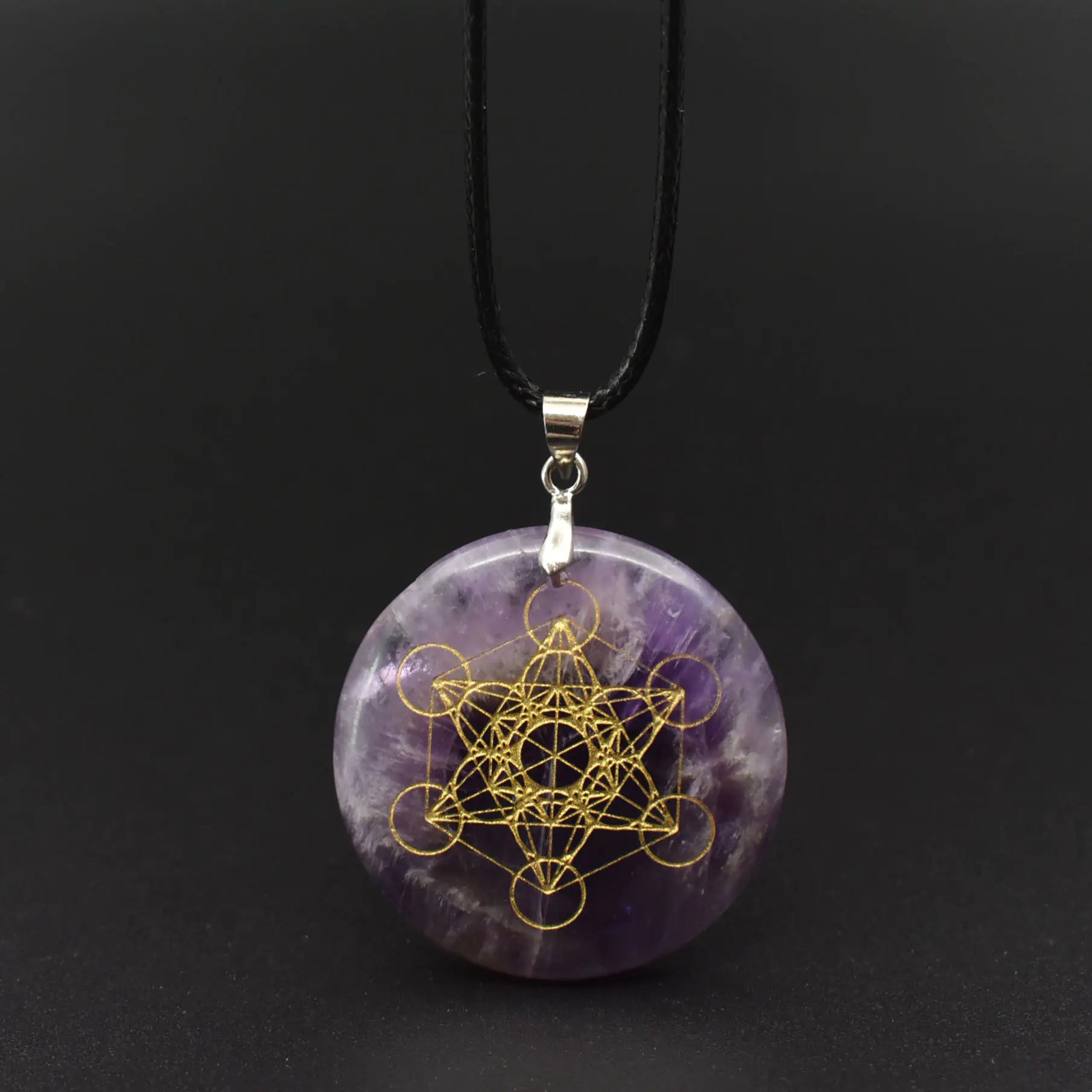 Natural Black Obsidian Amethyst Flower of Life Pendant