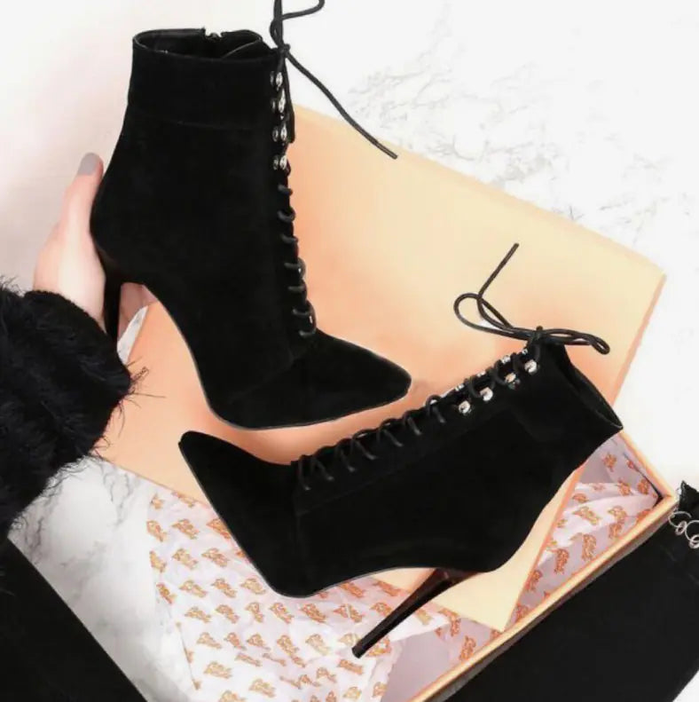 Women's High Heel Lace-Up Suede Ankle Boots