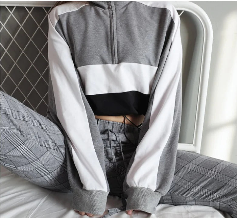 Fashionable Striped Color-Block Cropped Hoodie
