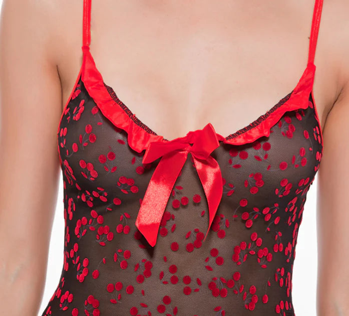 Cherry Velvet Mesh Mini Skirt with Sexy Lingerie