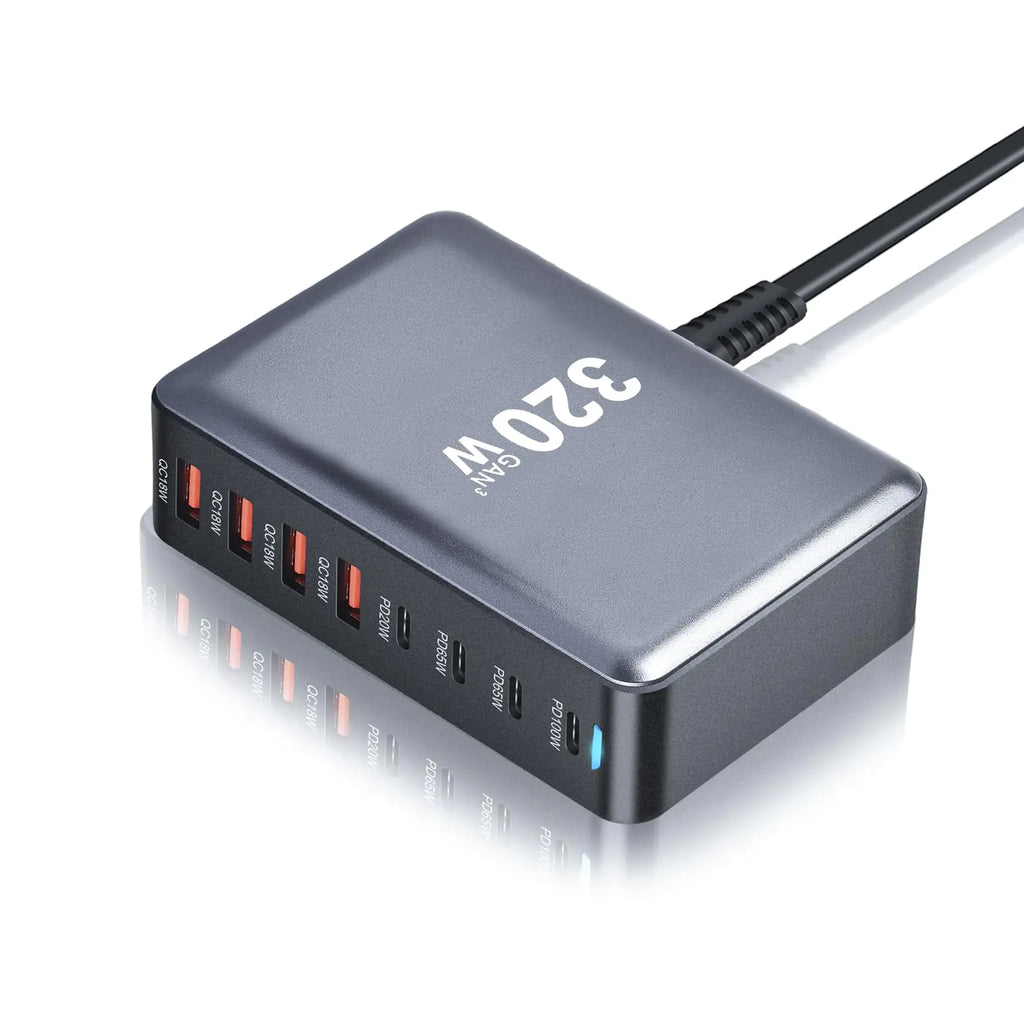 320W GaN III 8 Ports USB C Fast Charging Station Hub Block Portable Wall PD Charger Power Adapter with 4 USB-C + 4 USB-A 100W Port for MacBook Pro/Air iPhone 15 14 13 12 11 Galaxy S24 S23